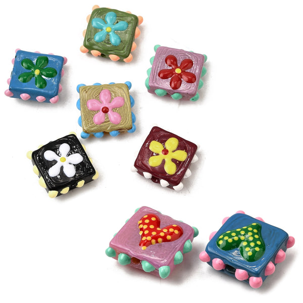 Flor, Corazón, Cuadrado, Cristal, Lampwork, Beads