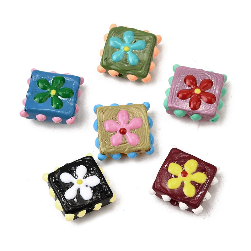 Flor, Corazón, Cuadrado, Cristal, Lampwork, Beads