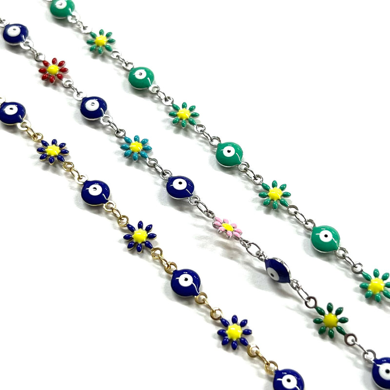 Cadena, Evil Eye, Ojo, Flor, Stainless Steel