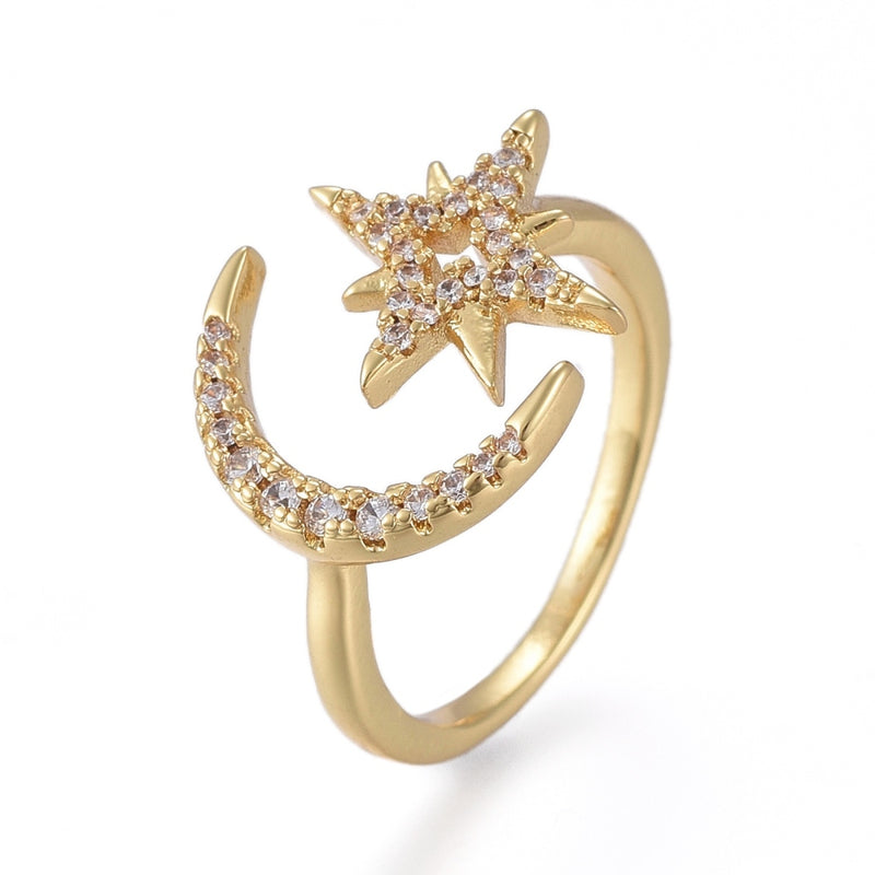 Luna, Estrella, Sortija Ajustable, Enchapado 18k