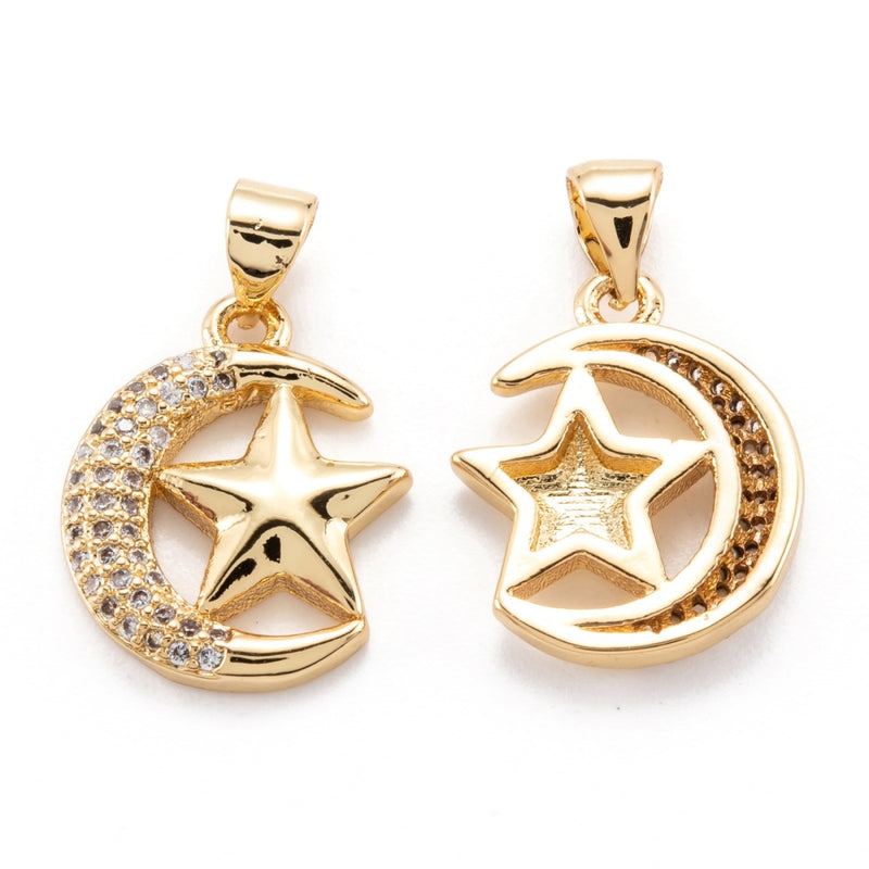 Luna, Estrella, Brass, Enchapado 18k, Charm y Pendant