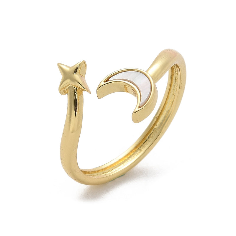 Luna, Estrella, Sortija Ajustable, Enchapado 16k