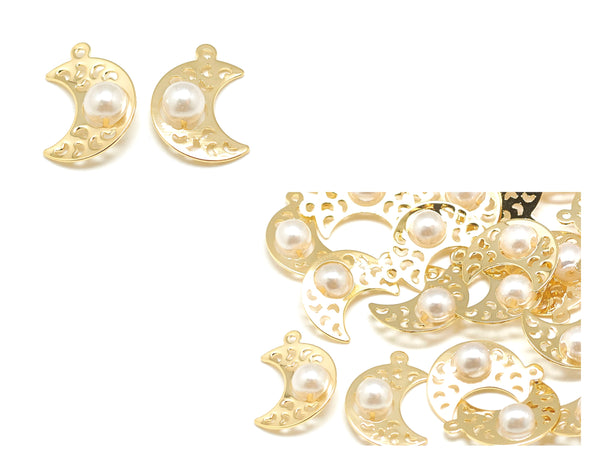 Moon, Pearl, 18k plating, Charm